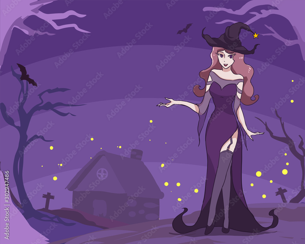 Plakat Beautiful sexy witch welcome to her place for Happy Halloween art background are dark purple silhouette spooky forest and graveyard