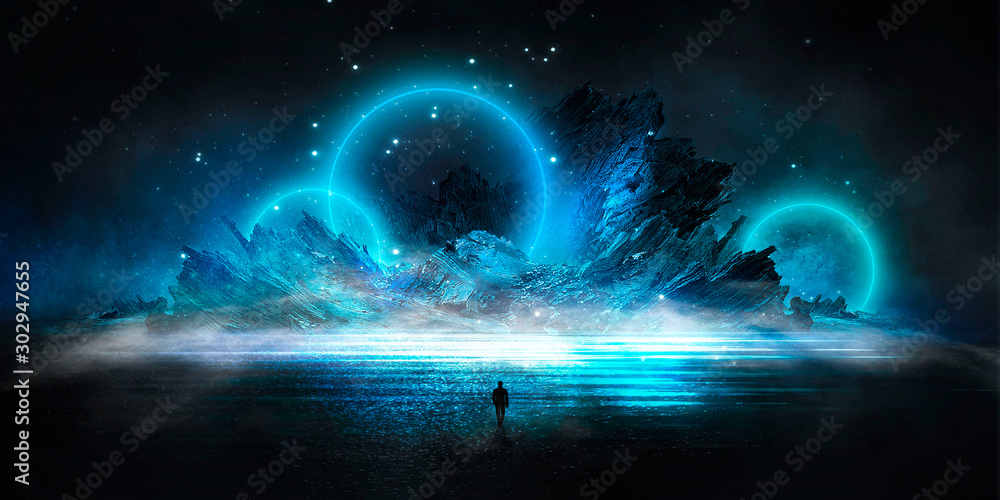 Futuristic night landscape with abstract landscape and island, moonlight, shine. Dark natural scene with reflection of light in the water, neon blue light. Dark neon circle background. 3D illustration