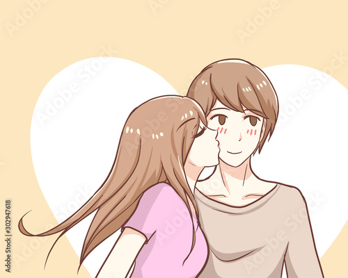 Couple in love girl kissing boy cheek cute sweet bright teen lover in pastel vector illustration