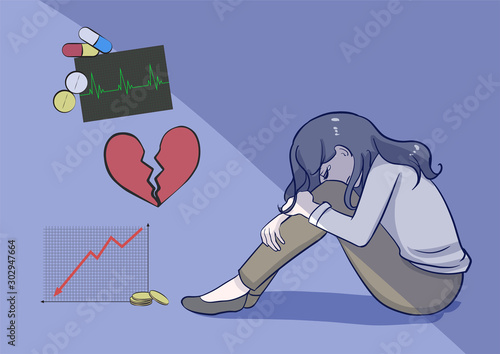 sad woman hug her knees cry depression concept and symbol shows many problems can make person sorrow financial losing job heart broken relationship health etc
