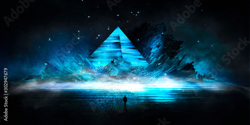 Futuristic night landscape with abstract landscape and island, moonlight, shine. Dark natural scene with reflection of light in the water, neon blue light. Dark neon circle background. 3D illustration