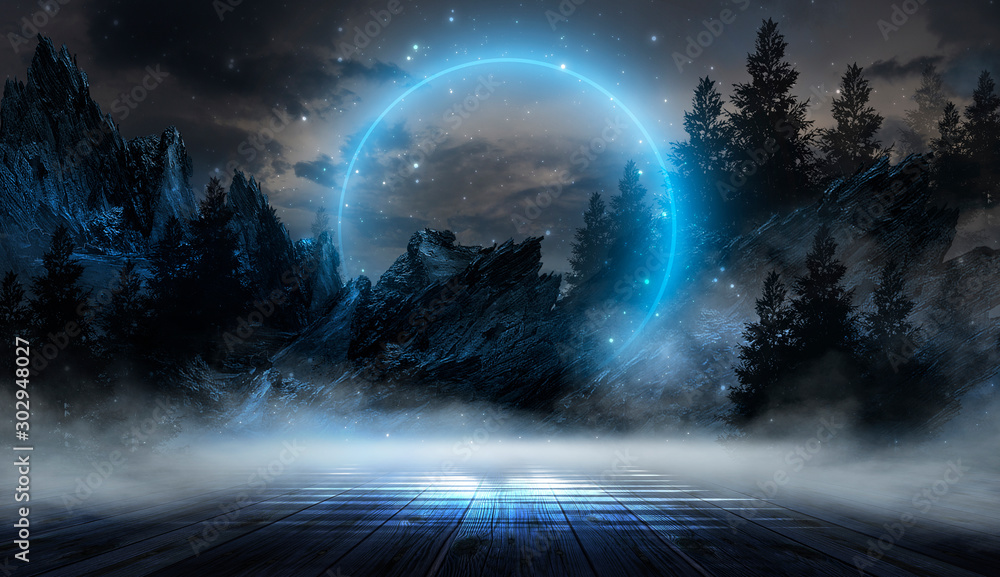 Fototapeta Futurystyczny nocny krajobraz z abstrakcyjnym krajobrazem i wyspą, blask księżyca, blask. Ciemna naturalna scena z odbiciem światła w wodzie, neonowe niebieskie światło. Ciemne tło neon. Ilustracja 3D
