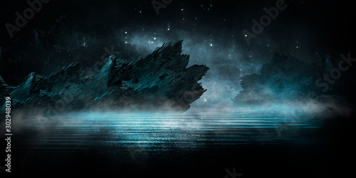 Futuristic night landscape with abstract landscape and island, moonlight, shine. Dark natural scene with reflection of light in the water, neon blue light. Dark neon background. 3D illustration