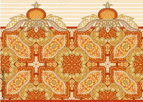Fantasy floral seamless pattern in jacobean embroidery style, vintage, old, retro style. Vector illustration in soft orange and green colors Isolated on white background.
