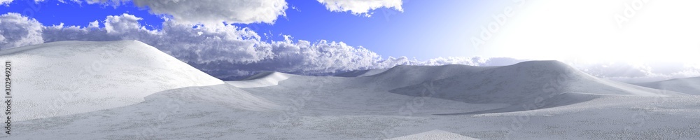 Snow covered hills, snow clouds. 3d rendering.
