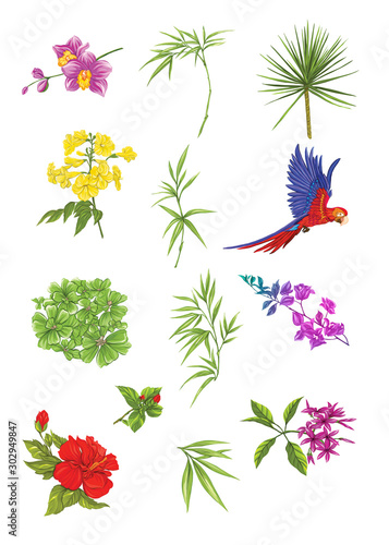 Set of tropical plans  flowers and birds. Isolated on white background in neon  fluorescent colors. Stickers  elements for design. Colored vector illustration.