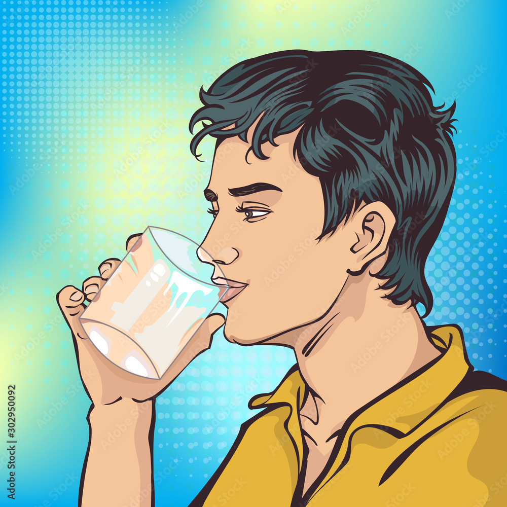 A man is drinking water. Illustration style pop art retro cartoons comic  vector. Man and background images separately Stock Vector | Adobe Stock