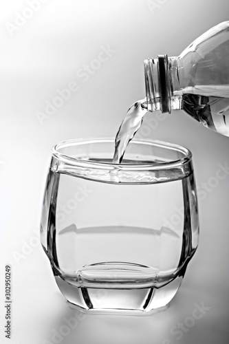 Pouring water from bottle into glass.