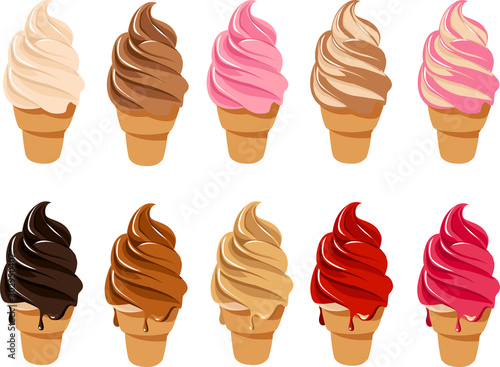 Vector illustration of various kinds of soft serve ice cream in sugar cones with toppings, sprinkles and sauces