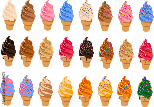 Vector illustration of various kinds of soft serve ice cream in sugar cones with toppings, sprinkles and sauces