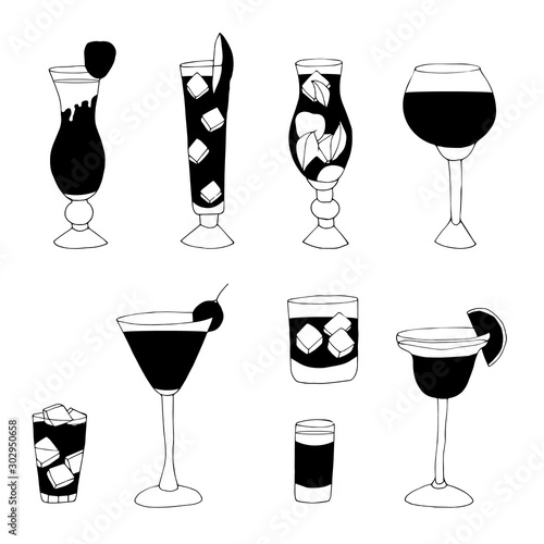 Hand drawn cocktails collection. Vector sketch bar illustration.