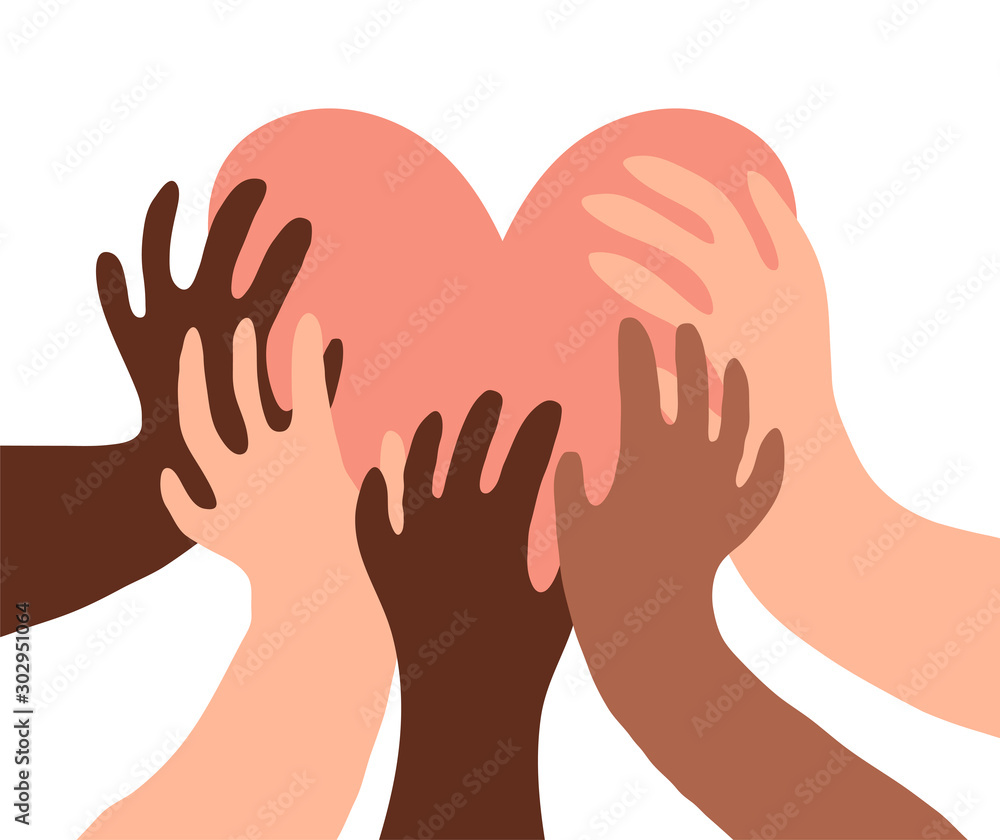 Illustration of a group of people's hands with different skin color together holding a heart. Diverse crowd, race equality, communication vector art in minimal flat style. Illustration of a group of people's hands with different skin color together holding a heart. Diverse crowd, race equality, communication vector art in minimal flat style.