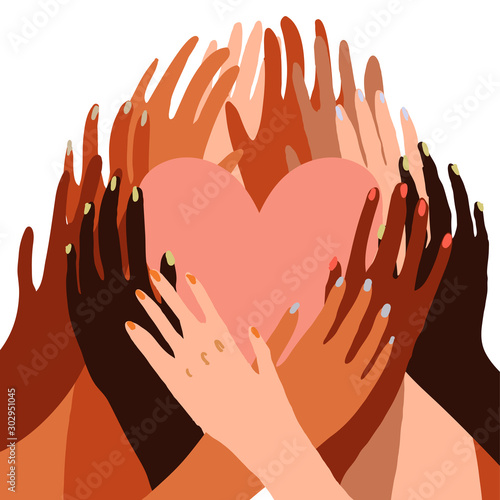 Illustration of a group of people's hands with different skin color together holding a heart. Diverse crowd, race equality, communication vector art in minimal flat style.