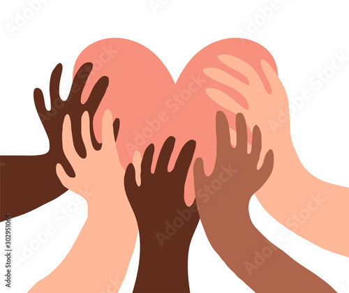 Illustration of a group of people's hands with different skin color together holding a heart. Diverse crowd, race equality, communication vector art in minimal flat style.