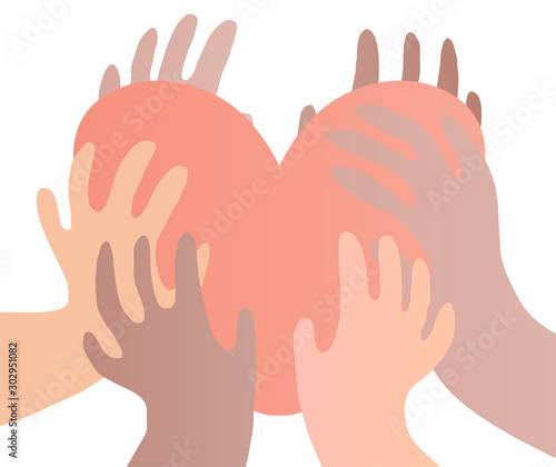 Illustration of a group of people's hands with different skin color together holding a heart. Diverse crowd, race equality, communication vector art in minimal flat style.