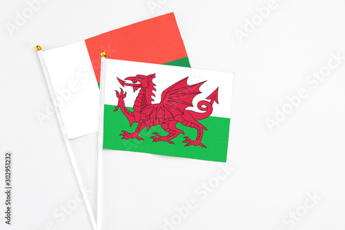 Wales and Madagascar stick flags on white background. High quality fabric, miniature national flag. Peaceful global concept.White floor for copy space.