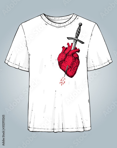 The human red heart is pierced with a dagger. Hand drawn vector illustration. Tattoo print design template.