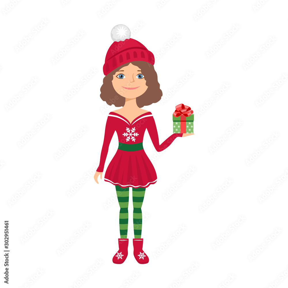 Little christmas girl in red hat holds gift box with bow. Cute little girl celebrates New Year isolated on white background. Vector illustration of happy kid in cartoon simple flat style. Little christmas girl in red hat holds gift box with bow. Cute little girl celebrates New Year isolated on white background. Vector illustration of happy kid in cartoon simple flat style.