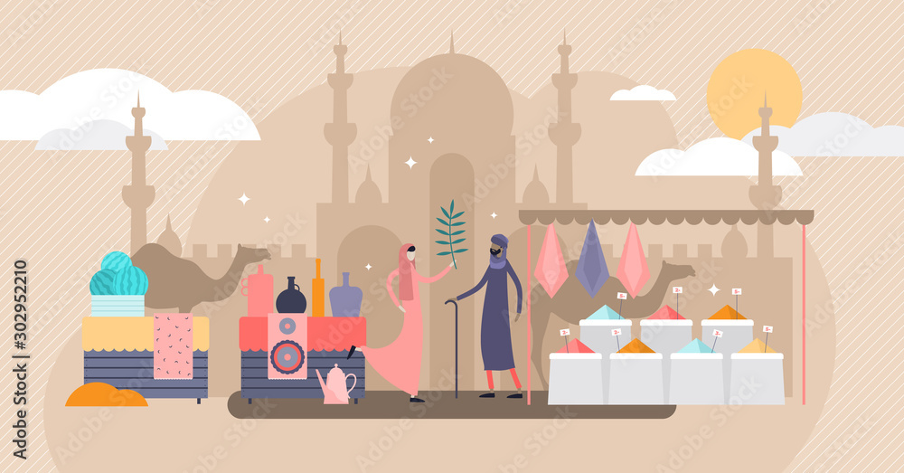 Arabic market trade flat tiny persons vector illustration concept