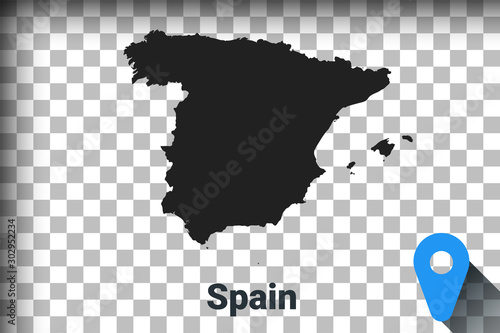 Map of Spain, black map on a transparent background. alpha channel transparency simulation in png. vector