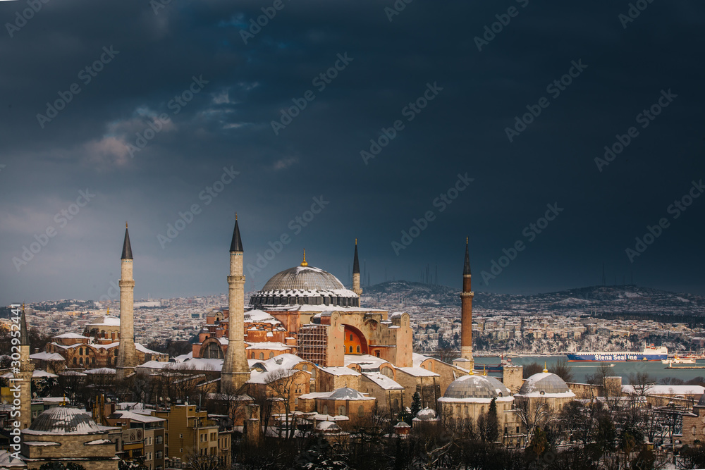 Snowy day in Sultanahmet Square. View of HAGIA SOPHIA. Istanbul, Turkey.Hagia Sophia (Turkish: Ayasofya), Istanbul, Turkey.