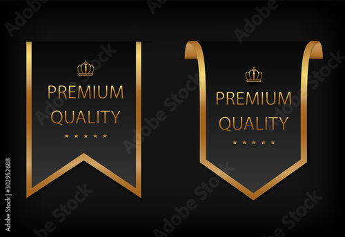 Luxury, premium quality label with golden frame, stars and crown. Premium, exclusive, vip badge on certificate, royal award. Template banner, premium quality sticker for certificate, packaging. vector