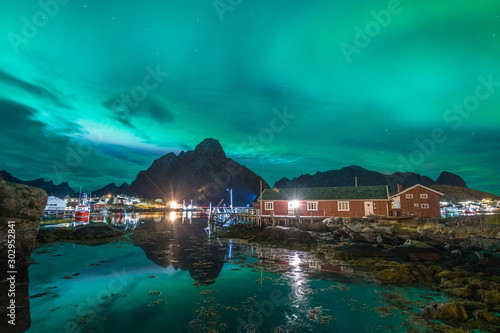 northern lights at norwegian lofoten town