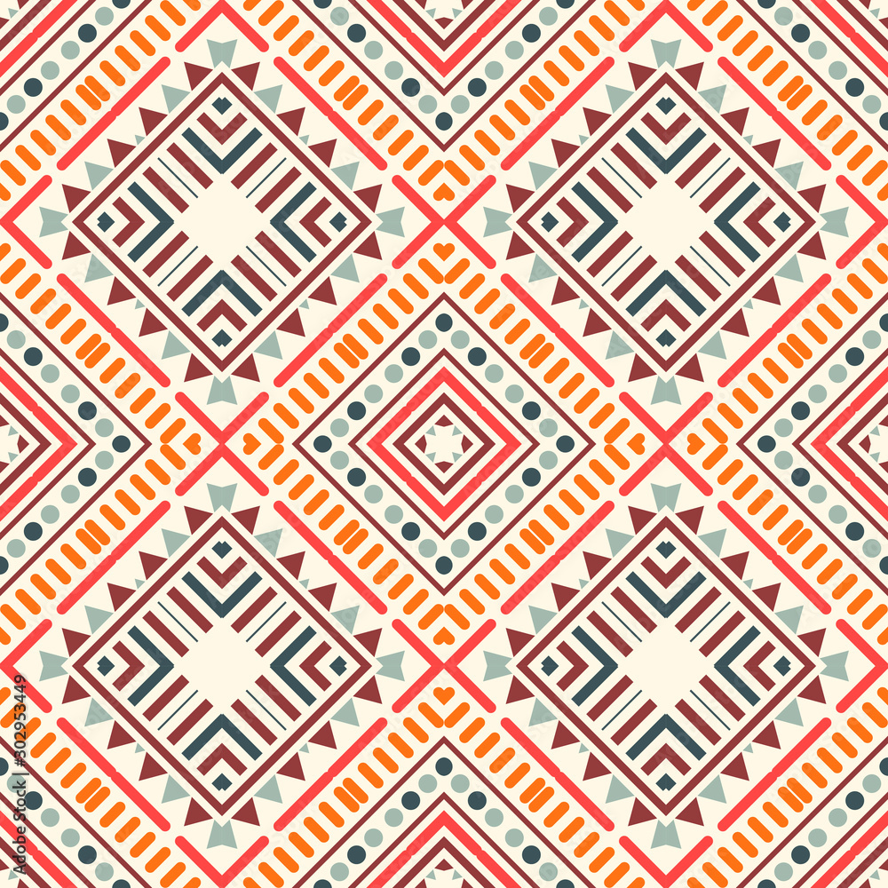 Geometric seamless pattern with triangles, dots, rhombuses. Striped ethnic card. Tribal background. Vector illustration.  