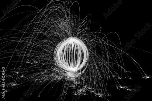 Wire Wool Spinning in the Dark in Black and White