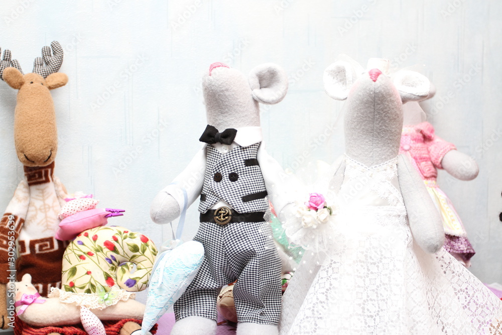 Soft toys mice in wedding suits. Wedding toys Soft toys mice in wedding suits. Wedding toys