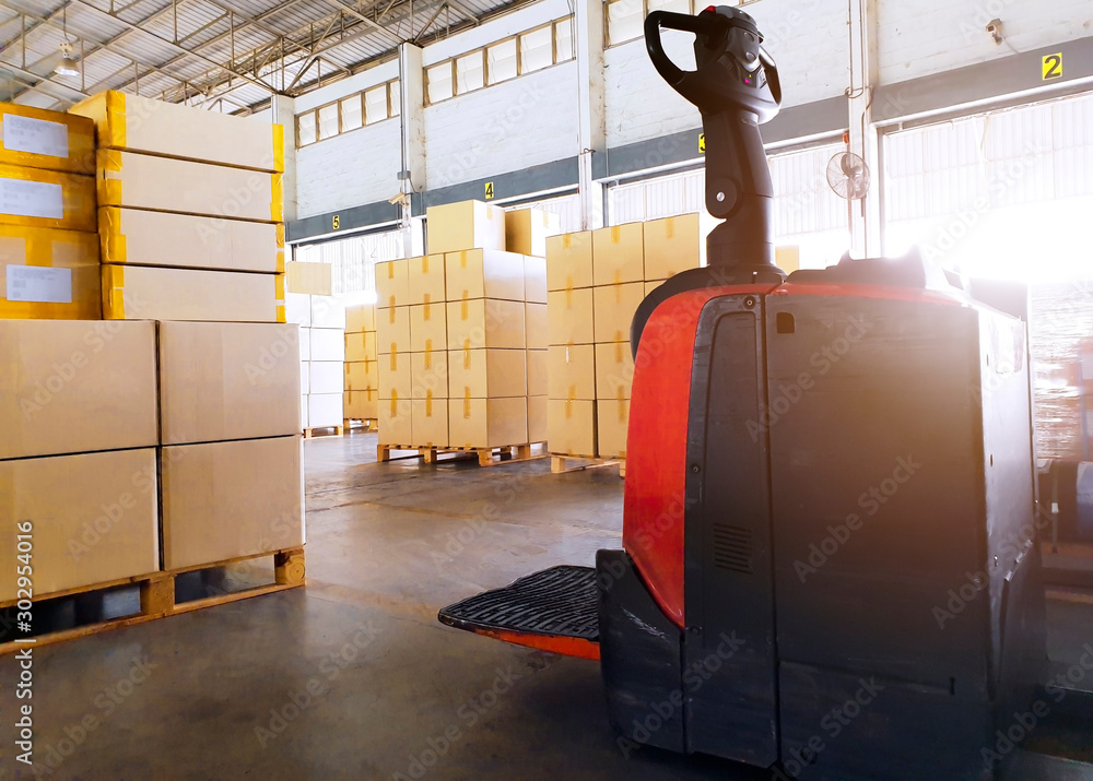 Electric Forklift Pallet Jack with Packaging Boxes Wrapped Plastic on ...