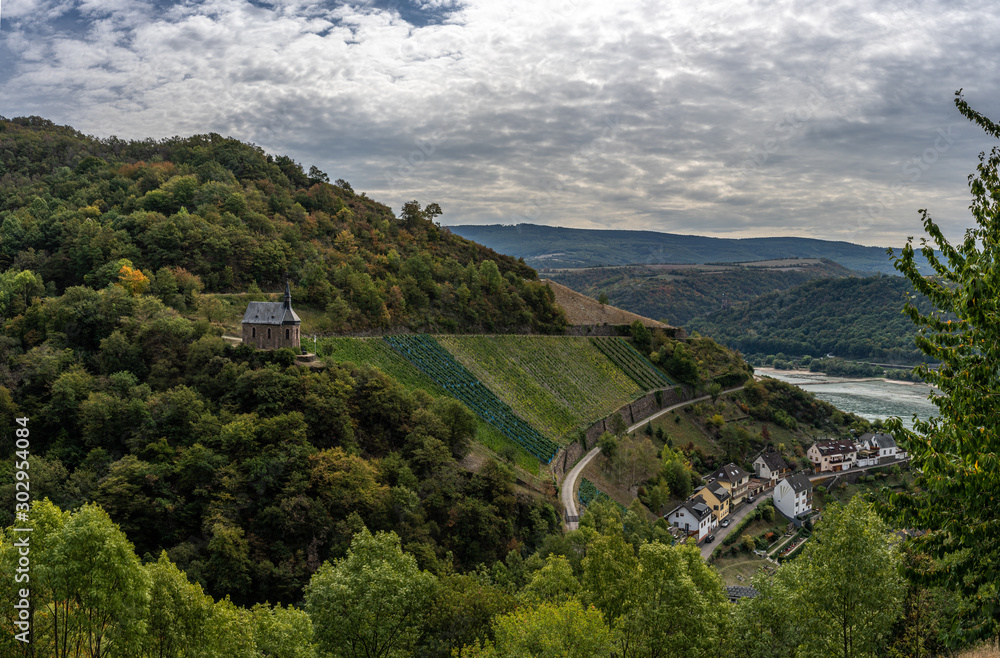 view on chapelle of lorch with vineyards on rheinsteig trail in the middle rhine valley, germany