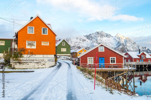 traditional waterfron cottages lofoten islands, norway photo