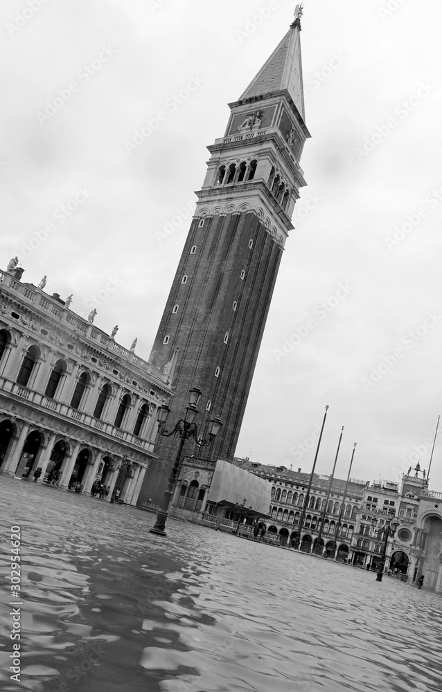 Bell tower of Saint Mark in Venice with inclined skyline intenti