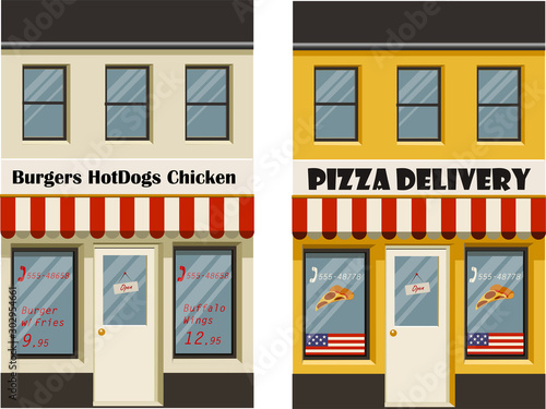 Vector illustration of various shops, stores and restraurants in apartment buildings