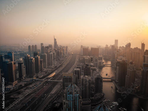 Dubai, Dubai / United Arab Emirates / 10 19 2019: Jumeirah Lake Towers and Dubai Marina Towers at sunset