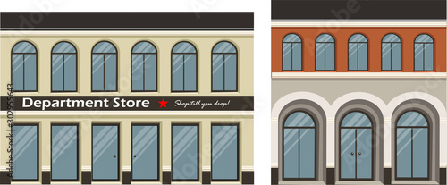 Vector illustration of various shops, stores and restraurants in apartment buildings