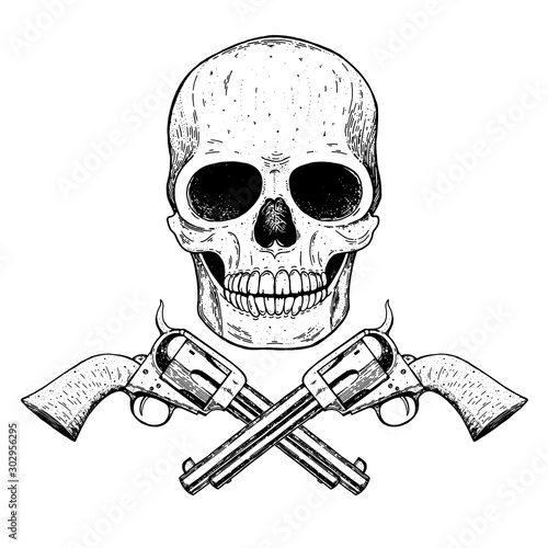 Skull and pistols hand drawn illustration. Tattoo vintage print. Skull hand drawn print. Tattoo design.