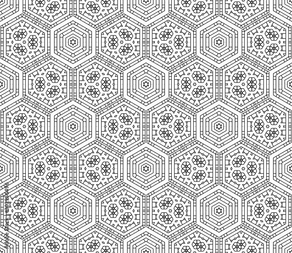 Thin line striped hexagon, triangle, rhombus seamless pattern. Linear geometric background. Wrapping paper. Vector illustration.      