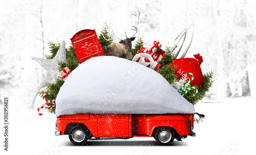 Santa Claus Christmas car with gifts and Christmas trees