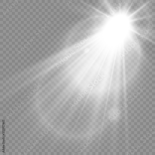 Special lens flash, light effect. The flash flashes rays and searchlight. illust.White glowing light. Beautiful star Light from the rays. The sun is backlit. Bright beautiful star. Sunlight. Glare.