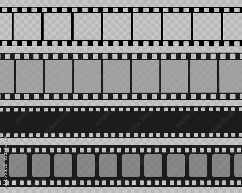 Set of film vector stripes isolated on transparent background.Film strip roll. Vector cinema background.