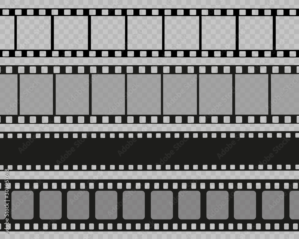 Set of film vector stripes isolated on transparent background.Film strip roll. Vector cinema background. Set of film vector stripes isolated on transparent background.Film strip roll. Vector cinema background.