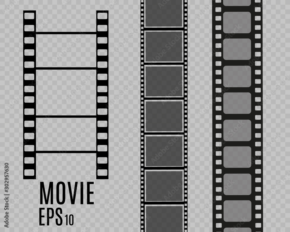 Set of film vector stripes isolated on transparent background.Film strip roll. Vector cinema background. Set of film vector stripes isolated on transparent background.Film strip roll. Vector cinema background.
