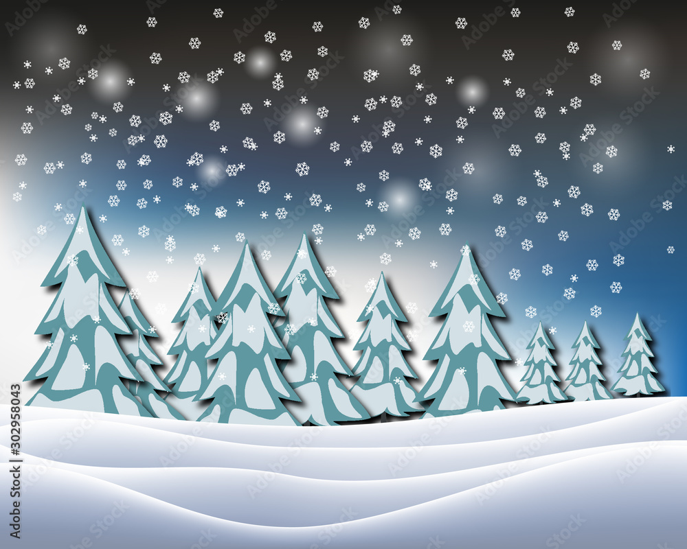 Vector winter wonderland night background. Vector of winter landscape. Merry Christmas!