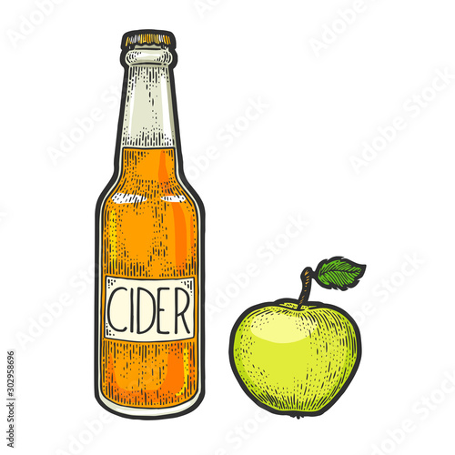 Cider bottle and apple fruit sketch engraving vector illustration. T-shirt apparel print design. Scratch board style imitation. Black and white hand drawn image.