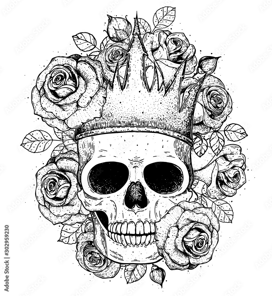 Skull of queen hand drawn illustration. Tattoo vintage print. Crown