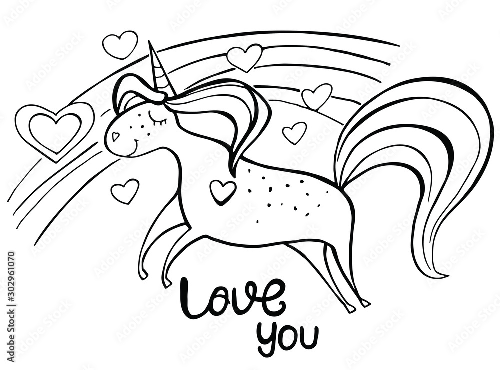 Fototapeta premium Magic cute unicorn, walking on the rainbow isolated on white. Hand drawn vector illustration.