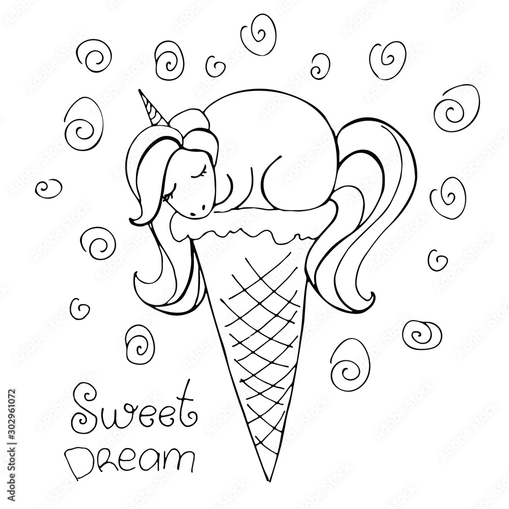 Magic cute unicorn in a glass of ice cream isolated on white. Hand ...