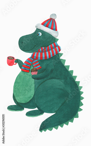 Cute dinosaur with cup of cocoa